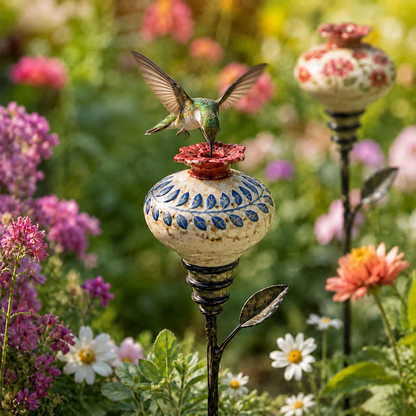 Vintage Ceramic Hummingbird Feeder Garden Stake
