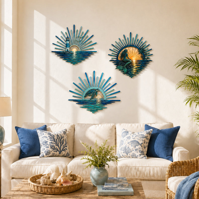 🌅 ‘Legend of the Sunset Tides’ Metal Wall Art – 🌊Vintage nautical-style metal wall art