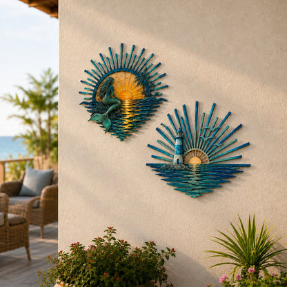 🌅 ‘Legend of the Sunset Tides’ Metal Wall Art – 🌊Vintage nautical-style metal wall art